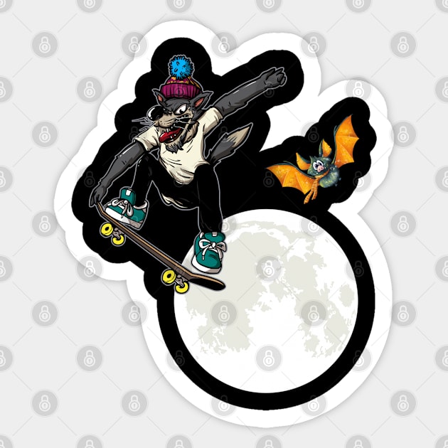 Halloween Skateboarding Wolf over the Moon Bat Sticker by The Full Moon Shop